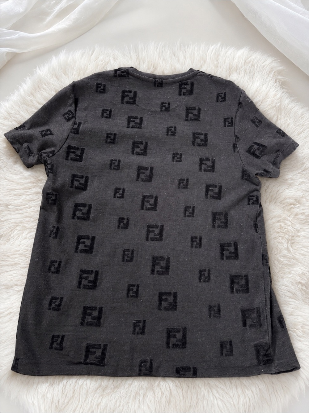Fendi FF Monogram Velvet Print Black Short Sleeve Tee Shirt